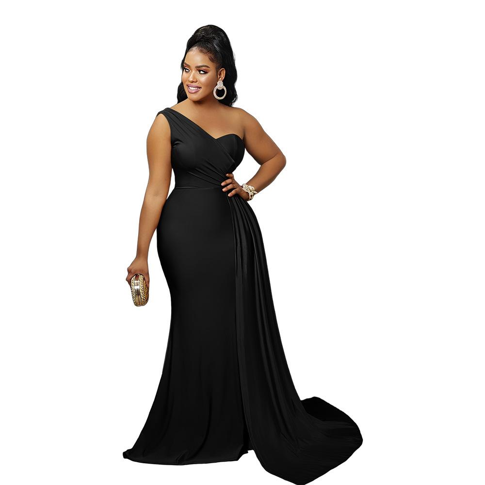 New Fashion Solid Color Sexy Tight One-shoulder Sleeve Long Dress for Party - Women's Private Wear Aristocratic Style Evening Gown
