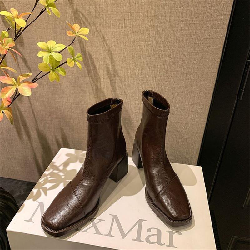 Fashion New Autumn Winter Split Leather Women Boot Shoes for Women Square Toe Fashion Boot Handmade High Heels Boots Zapatos De Mujer