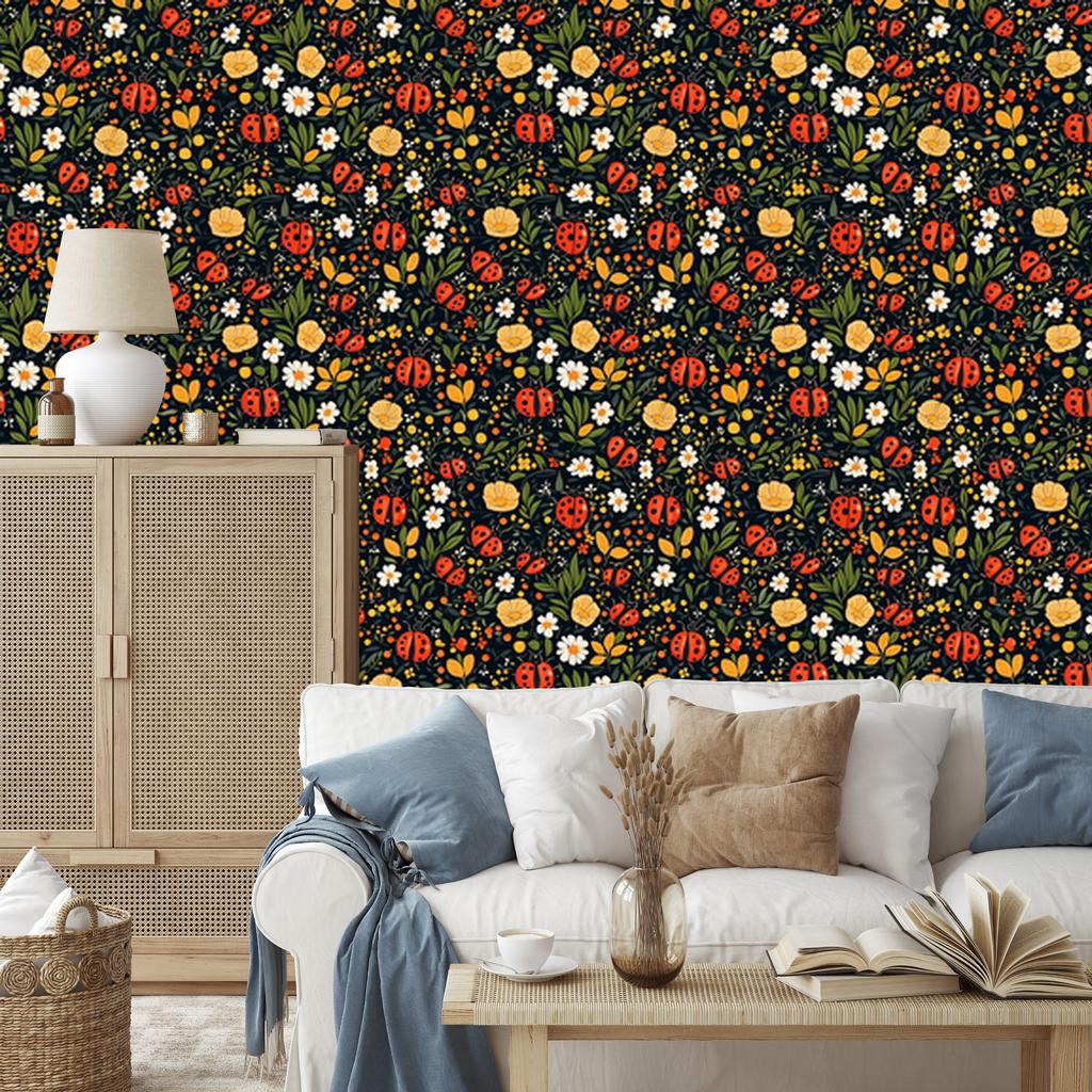 Ladybugs Olive and Ochre Wallpaper for Living Room and Bedroom 50x1000