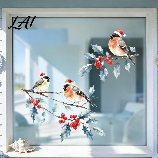 Watercolor Bird Window Stickers Christmas Sticker Santa Hat On Beey Sticker Branch Static Decal Waterproof Cling for Holiday Party Accents