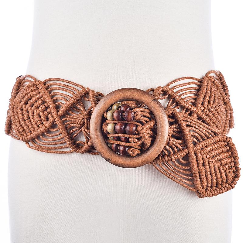 Ethnic Handmade Wax Rope Belt with Wood Buckle and Beads