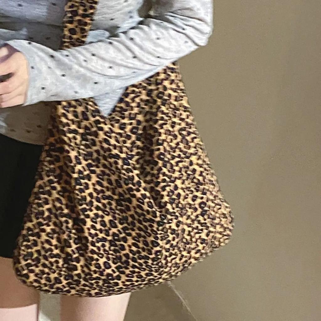 Leopard Print Canvas Bag Large Capacity Shoulder Bag Corduroy Dongdaemun Shopping Bag Ins Style Celebrity Style