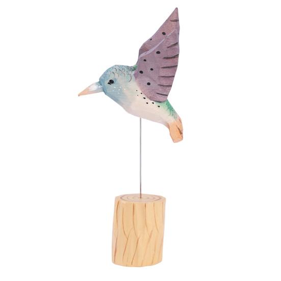 Wood Carving Hummingbird Ornament with Tree Stump/Bell Handcrafted Bird Figurine Statue Sculpture