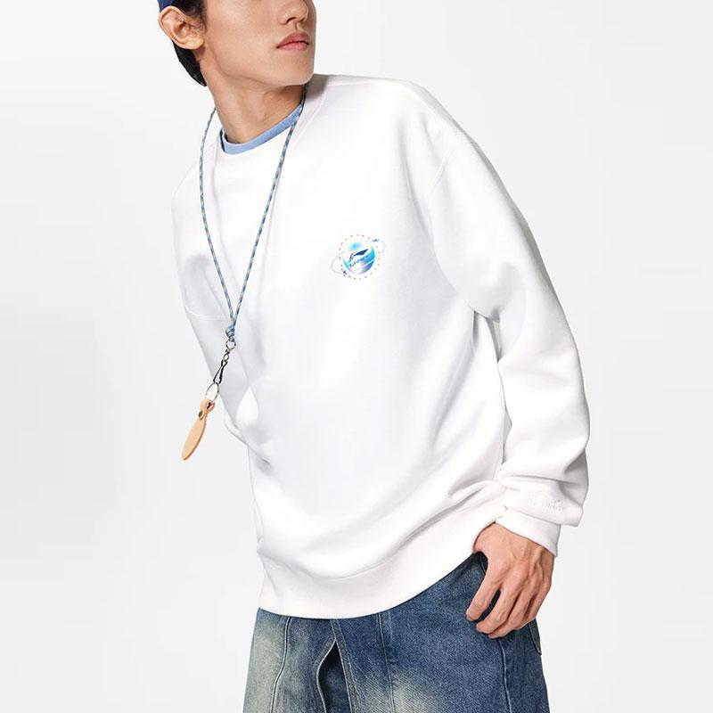 Li Ning Sports Lifestyle Series Letter Pattern Printed Crew Neck Sweatshirt Men Sweatshirt Standard-White AWDU019-5
