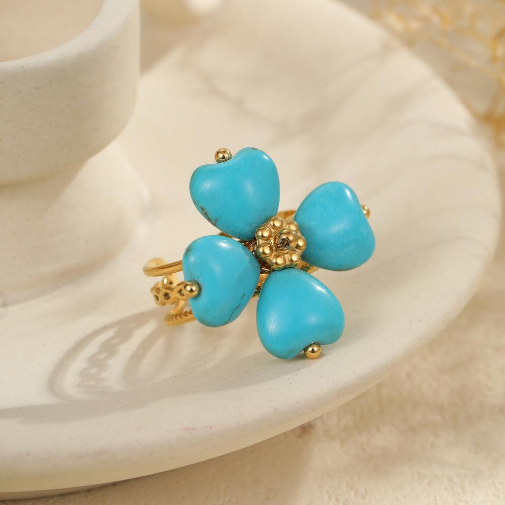 European and American retro natural stone turquoise stainless steel ring does not fade, plated with real gold ins trendy hand jewelry
