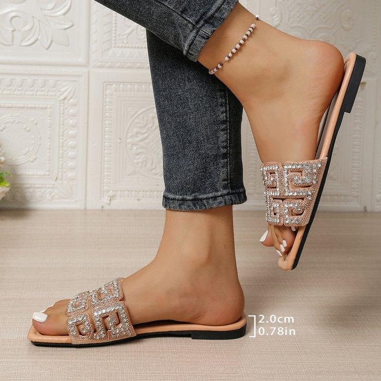Europe, America 2025 Summer New Rhinestone Slippers Flat Slippers Women's Casual One-word Sandals Beach Shoes