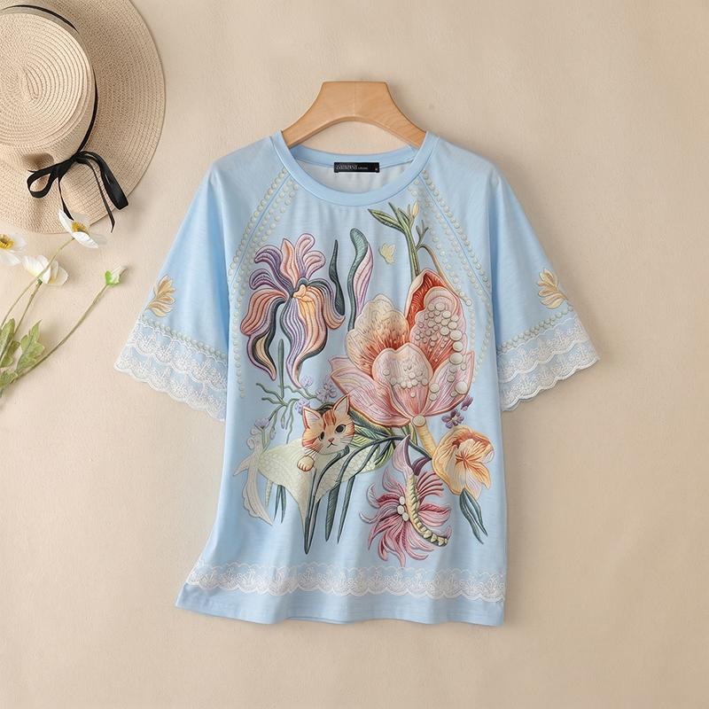 ZANZEA Women Casual Round Neck Floral Print Loose Lace Splice Short Sleeve Blouse