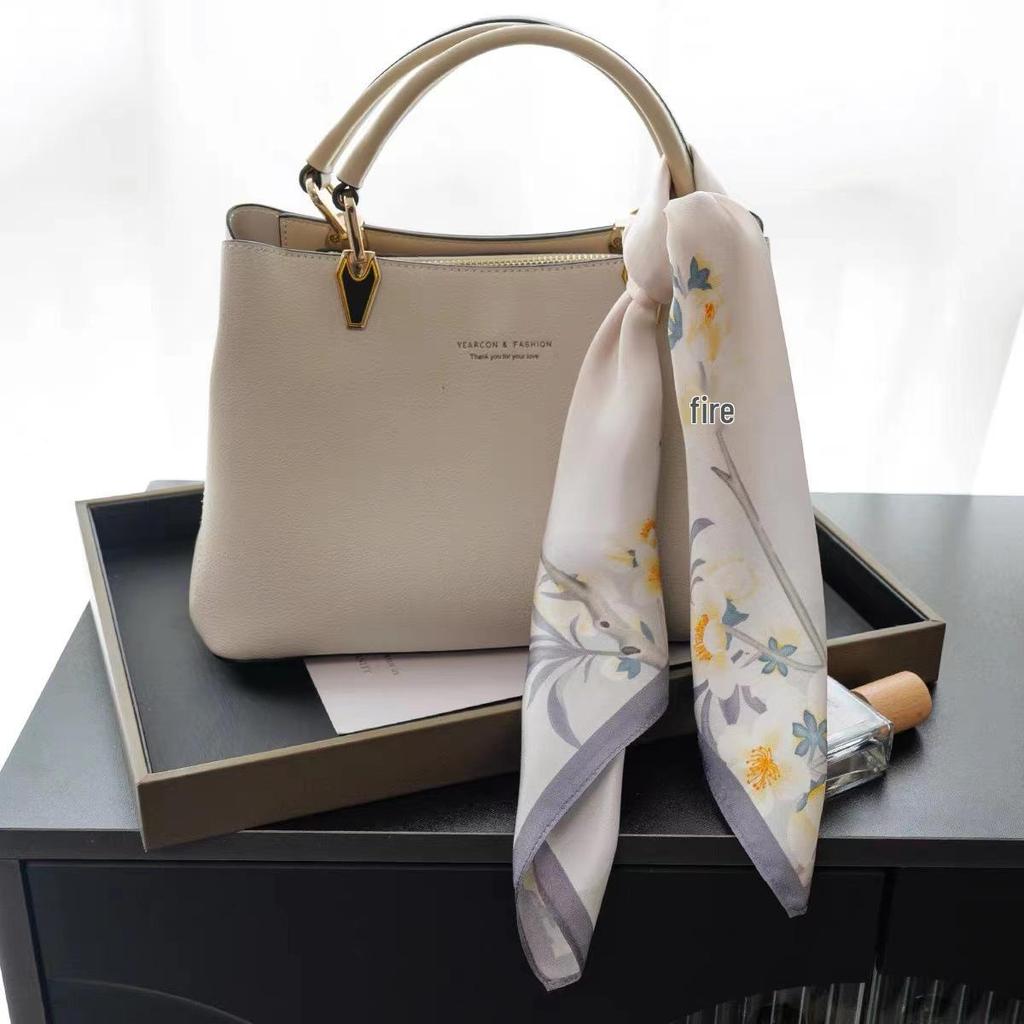 Dámský béžový hedvábný šátek - 53 cm Korejský styl Tištěný čtverec, 100% morušové hedvábí na jaro/léto