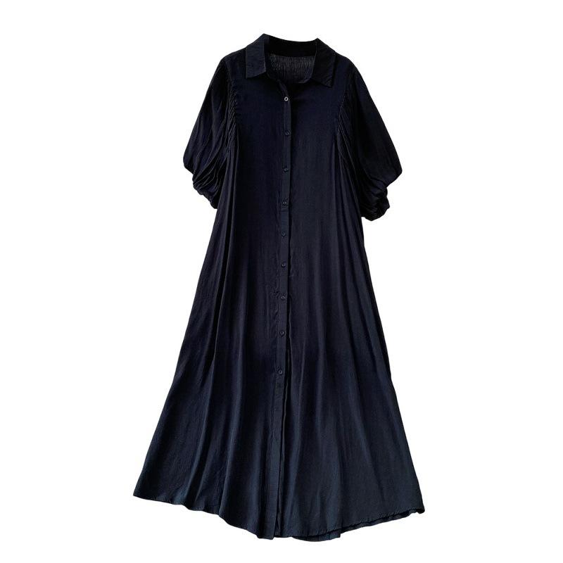 French Light and Mature Style Simple Temperament Lantern Sleeve Dress Women's Summer Commuting Lazy Wind Single-breasted Cardigan Long Dress