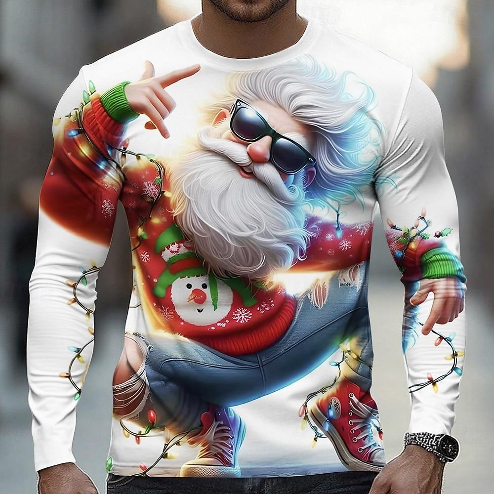 Weihnachts Herren 3D Gedrucktes lustiges Weihnachtsmann Langarm T-Shirt, Rundhals T-Shirts Trendiger Streetstyle Herbst Winter Freizeit Oberteile