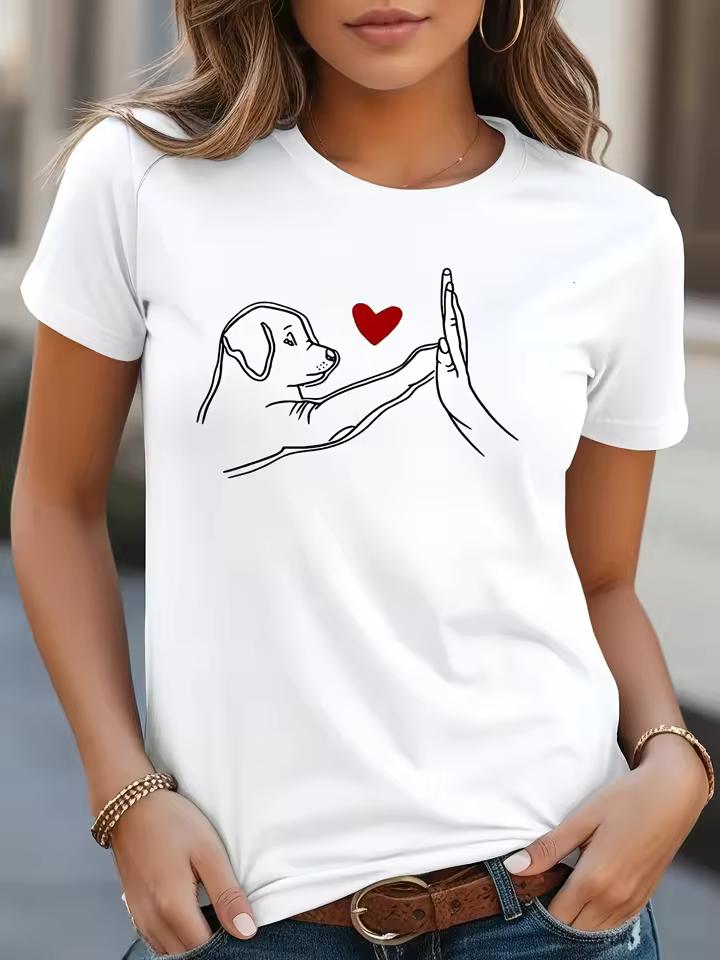 Fun Dog High Five and Heart Printed Women's T-shirt Fashion Summer O-neck Harajuku Top Tee Casual Short Sleeved Female Clothing