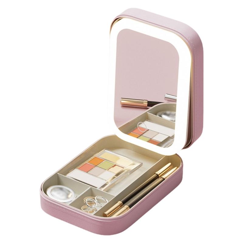 

Portable Jewelry Case With LED Lighted Makeup Mirror Jewelry Storage Box With LED Mirror Essential Organizers розовый