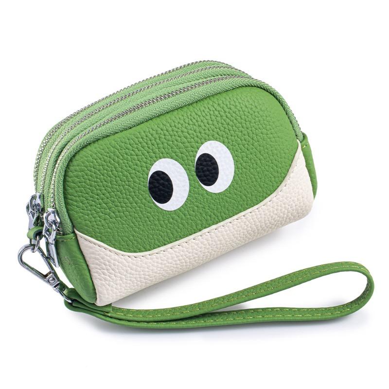 New first-layer cowhide change bag mini cute women's small wallet multi-functional leather three-zipper storage bag