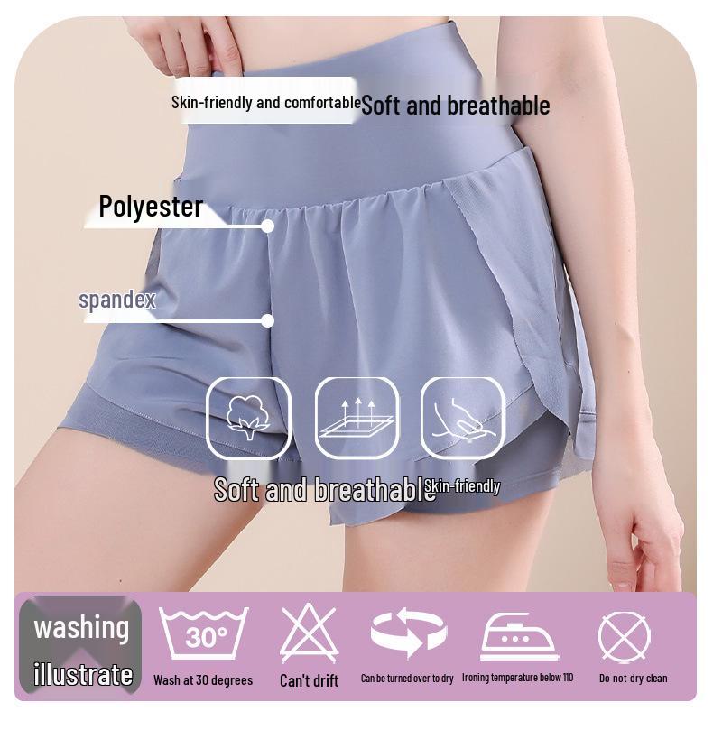 Damesportsshorts med høy midje, hurtigtørkende, to-i-ett - Casual, løstsittende yogabukser