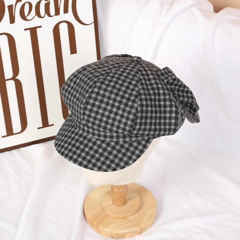 Sweet and cute long-eared rabbit beret children's retro plaid octagonal hat spring and summer versatile painter newsboy hat