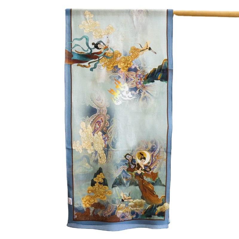 Chinese Style Fairy Dunhuang 100% Pure Silk Scarf for Women INS Luxury Hangzhou Long Silk Scarf 140x35cm