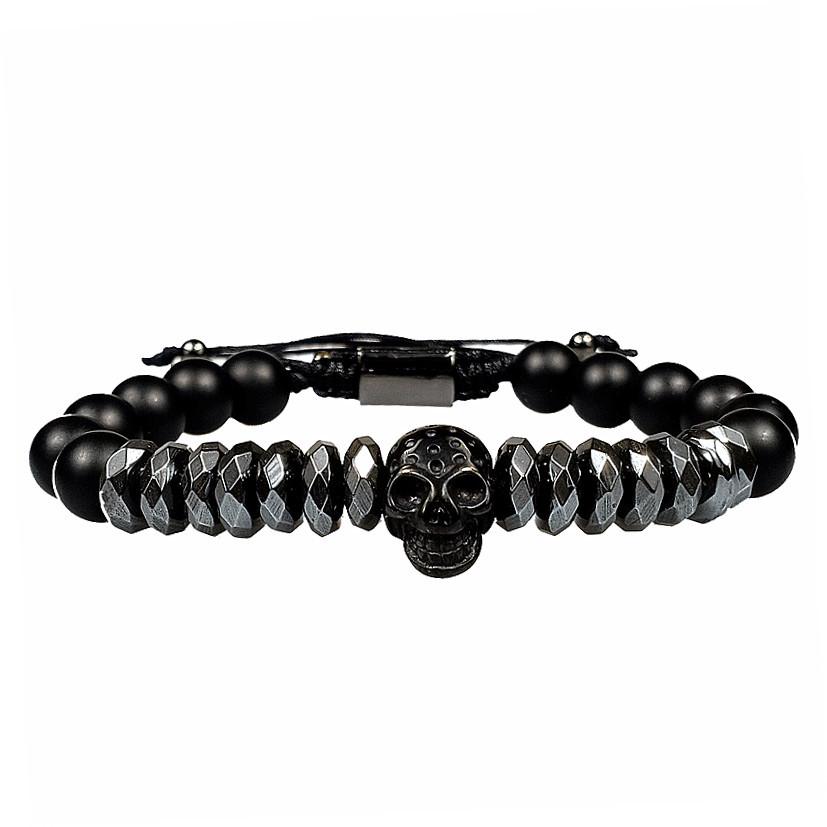Men s Black Matte Skull Bracelet Set with Zirconia Crown Beads