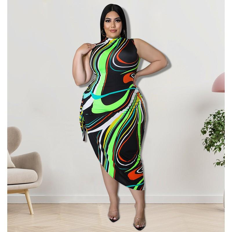MY898 Plus Size Womens Knit Midi Dress 2025 Floral Print Sleeveless Wrap Front Bodycon Curvy Figures