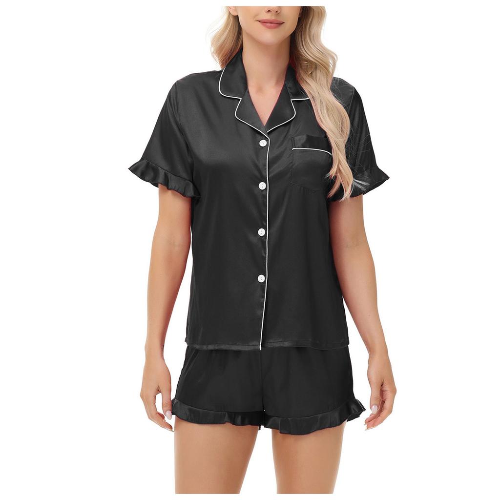 Satin Double Ruffle Imitation Silk Suit Short-sleeved Shorts Ladies Home Clothes