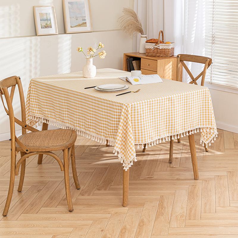 Inyahome Vintage Gingham Checkered Plaid Tablecloth With Tassel Table Cover Cotton Linen Tablecloths For Dinner Party Indoor Use