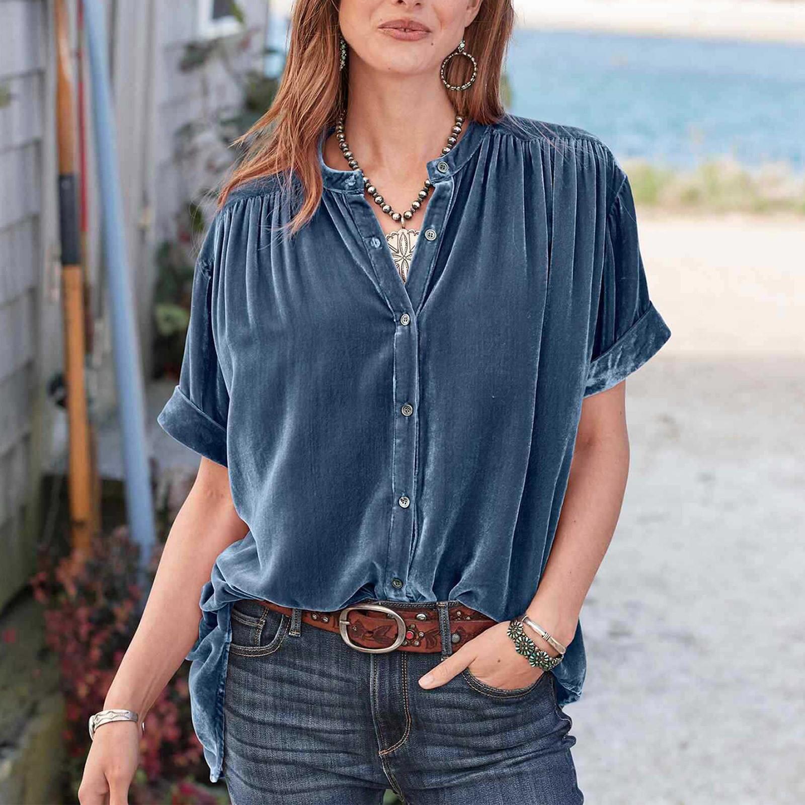 

Модные топы из золотистого бархата, однотонная рубашка с короткими рукавами и круглым вырезом L синий