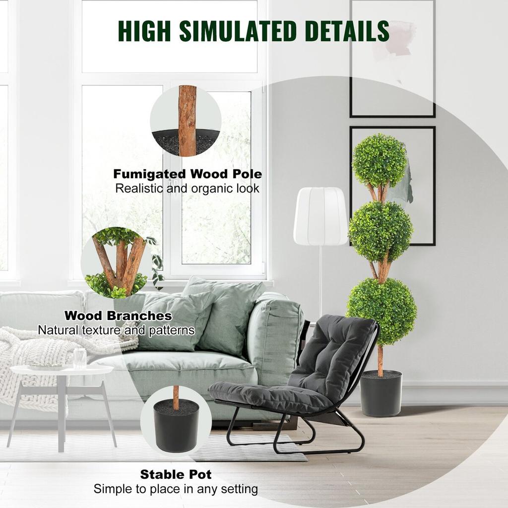 Artificial Topiaries Boxwood Trees, 48 inch Tall (2 Pieces), 3 Ball-Shape Faux Topiaries Plant with Planters, Green Feaux Plant w/ Replaceable Leaves