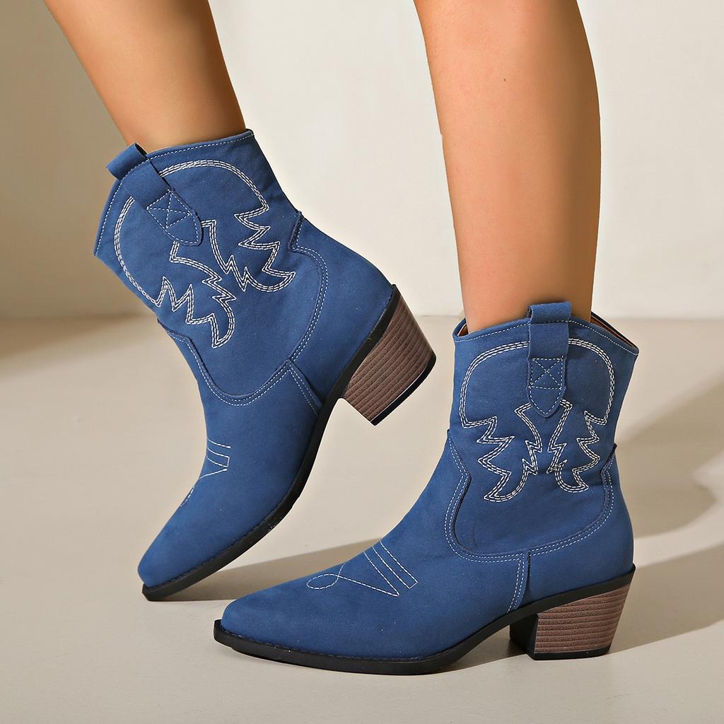 High Quality Embroidered Pointed Toe Shoes for Women Chunky Heel Knight Boots Retro Western Cowboy Short Boots Botas De Mujer