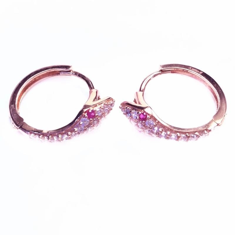 Exquisite Russian 585 Purple Gold Fashion Full Diamond Snake Stud Earrings Fashion Rose Gold Snake Head Flash Earrings