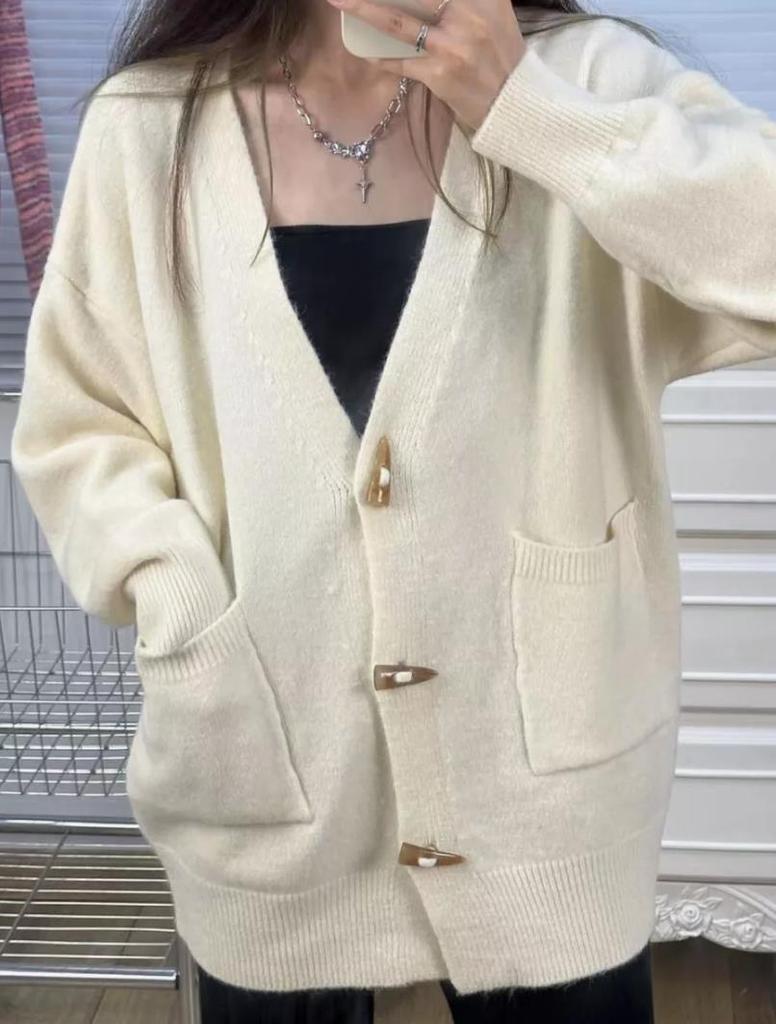 Damen Übergröße Hornknebel Strickjacke - 2024 Herbst/Winter Lockerer Oberbekleidungs Pullover Mantel