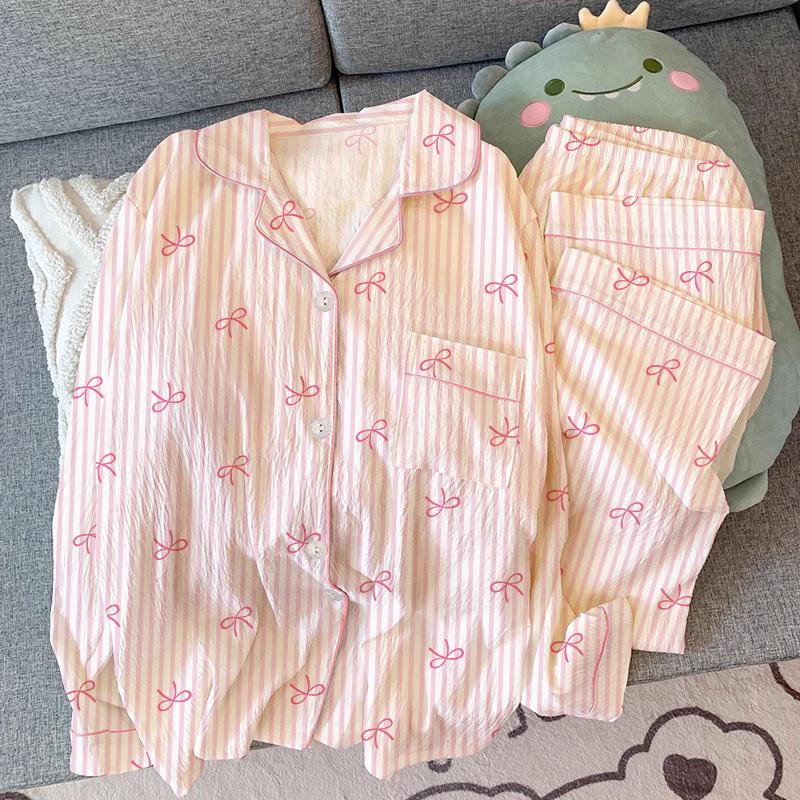 Women's Spring/Summer Pajamas: Long Sleeve & Pants, Loose Fit, Thin, Wrinkled Fabric, Bow & Stripes, Suitable for Outdoors