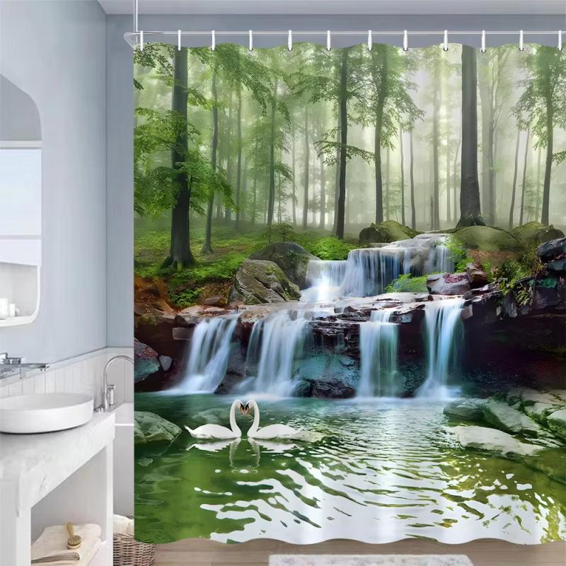 Jarní lesní krajina Sprchový závěs Tropické rostliny džungle Vodopád Přírodní scenérie Závěsy Zahradní koupelnová dekorace s háčky