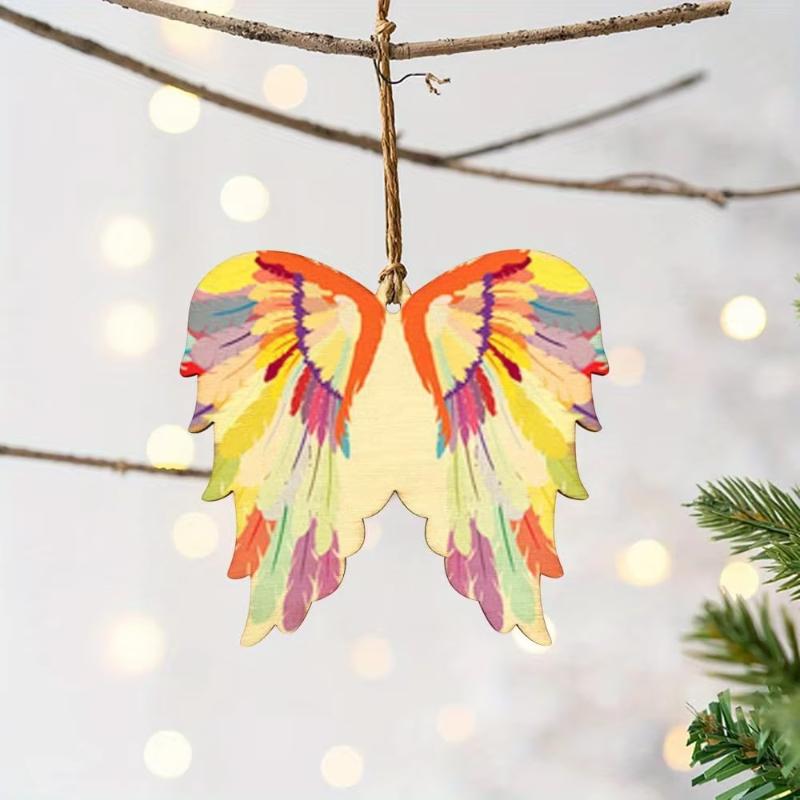 20pcs Wooden Angel Wings Silhouette Mixed Color Diy Handmade Ornament With Lanyard For Holiday Decoration, Elegance Wing Design
