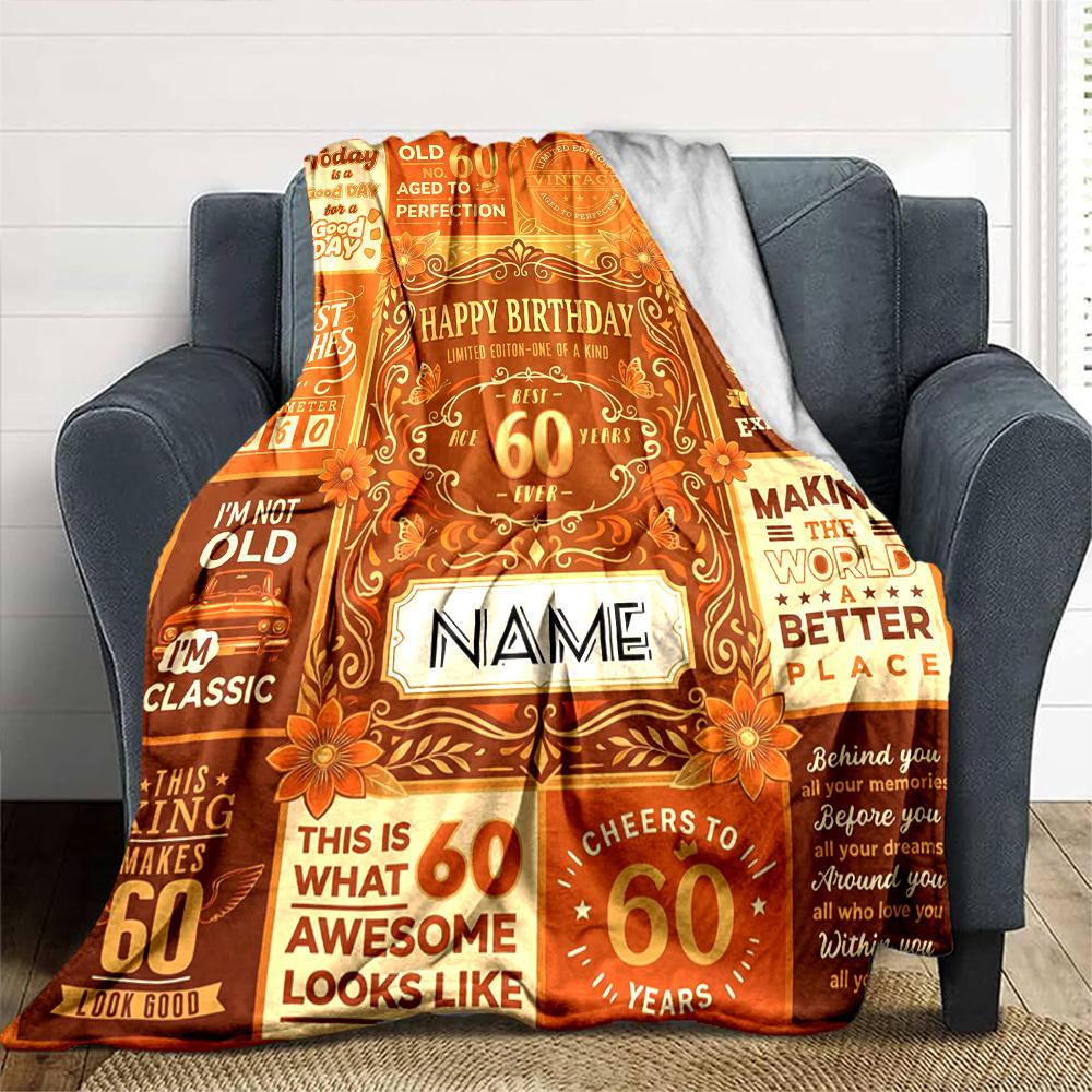 Happy 60Th Birthday Celebration Blanket Personalized Name Soft Warm And Versatile For Sofa Bed Office And Travel Machine Washable Comfortable In All