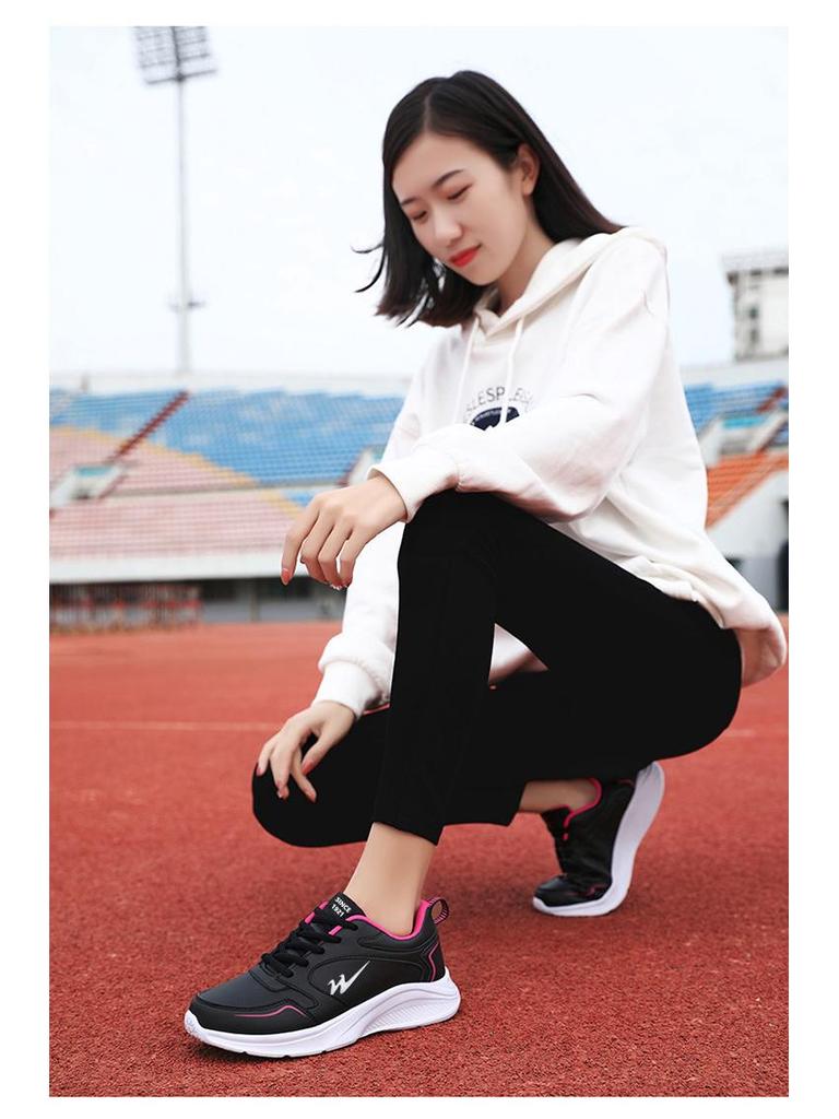 Double Star Women's Waterproof Leather Sneakers - Versatile Casual Lightweight Shoes for Spring and Autumn.