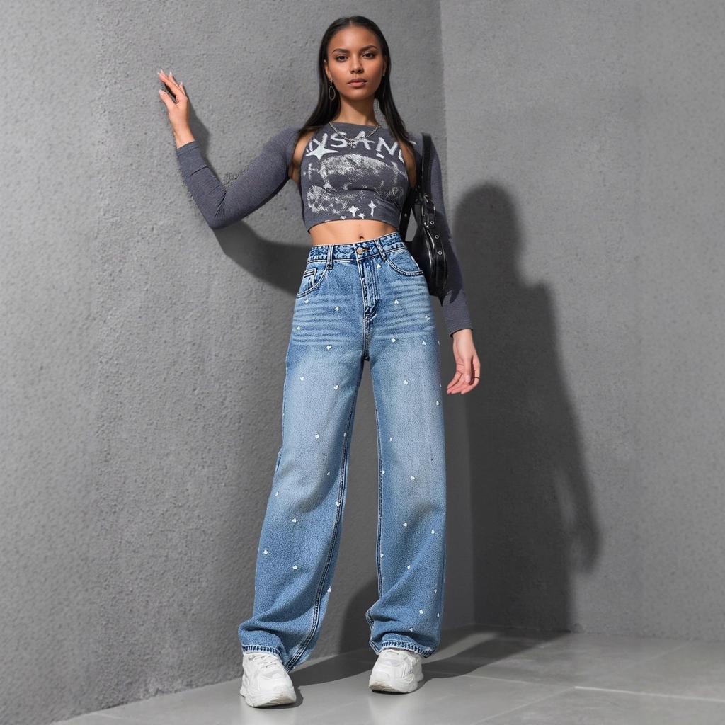 2026 Women's High Waist Heart Jacquard Denim Wide Leg Pants - Slimming, Versatile, and Stylish European & American Design