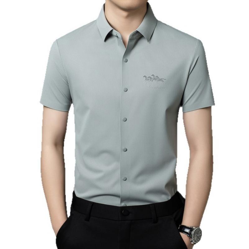 

Men s Purple Ribbed Knit Short Sleeve Dress Shirt with Horse Embroidery M бежевый