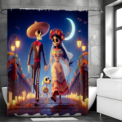 Halloween Skeleton Lover Dog Walking On Bridge Shower Curtain, Bathroom Decorative Shower Curtain, Waterproof Shower Curtain Wit