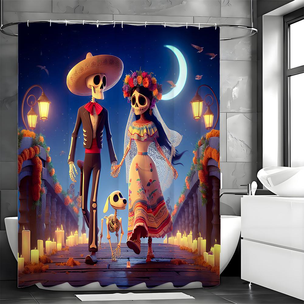 

Хэллоуин Любитель Скелетов Собака Гуляет по Мосту Занавеска для Душа, Декоративная Занавеска для Душа для Ванной, Водонепроницаемая Занавеска для Душа wit 90*180cm