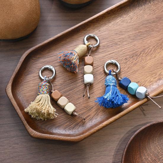 Tibetischer Regenbogen-Quasten-Anhänger Schlüsselanhänger Perlen Ethnischer Stil mit Natürlichem Holz Taschenanhänger Schuhdekoration mit