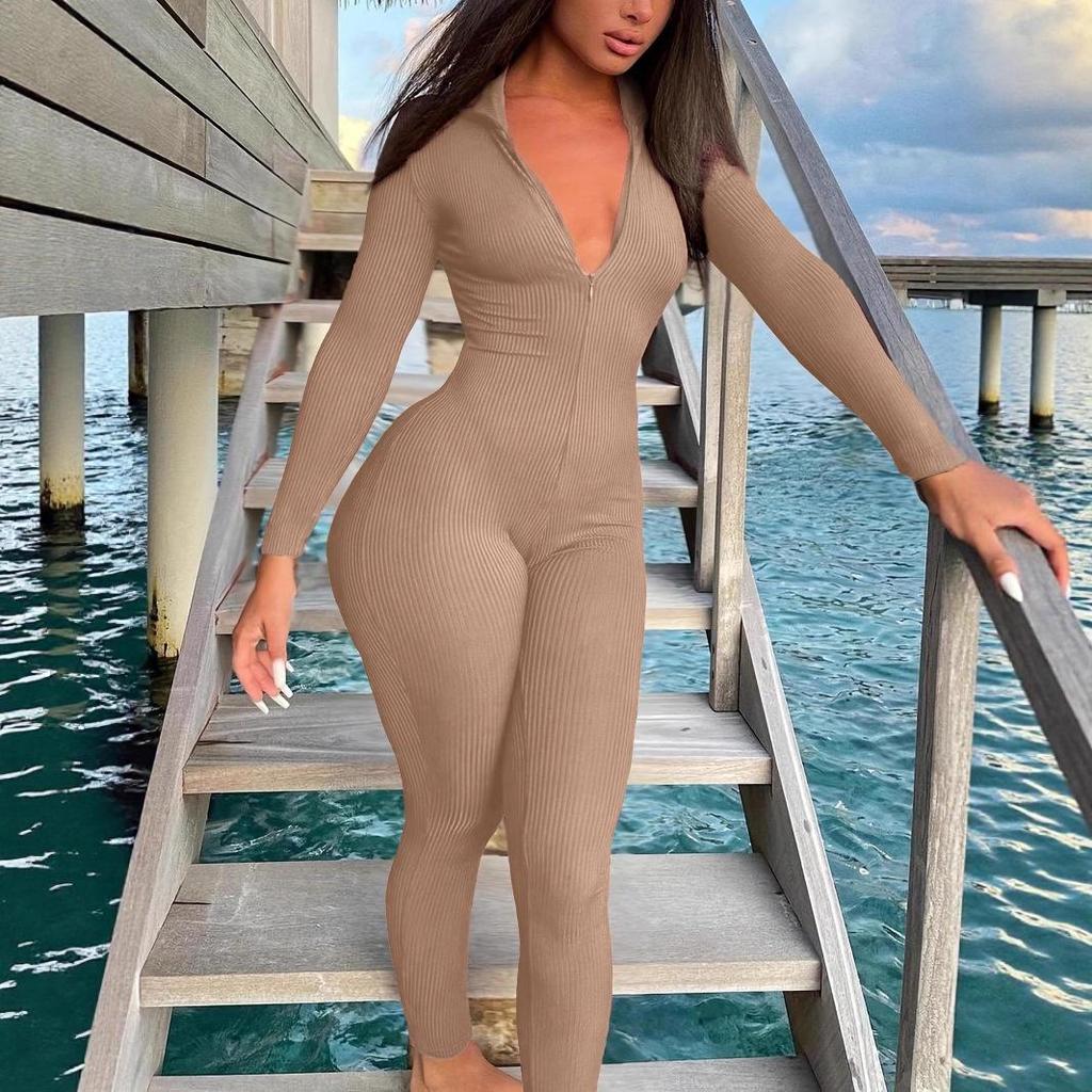 2025 Autumn Casual Ribbed Zippered Sport Jumpsuit
