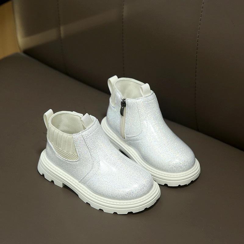 Kids Silver Holographic Elastic Panel Side Zipper Chelsea Ankle Boots