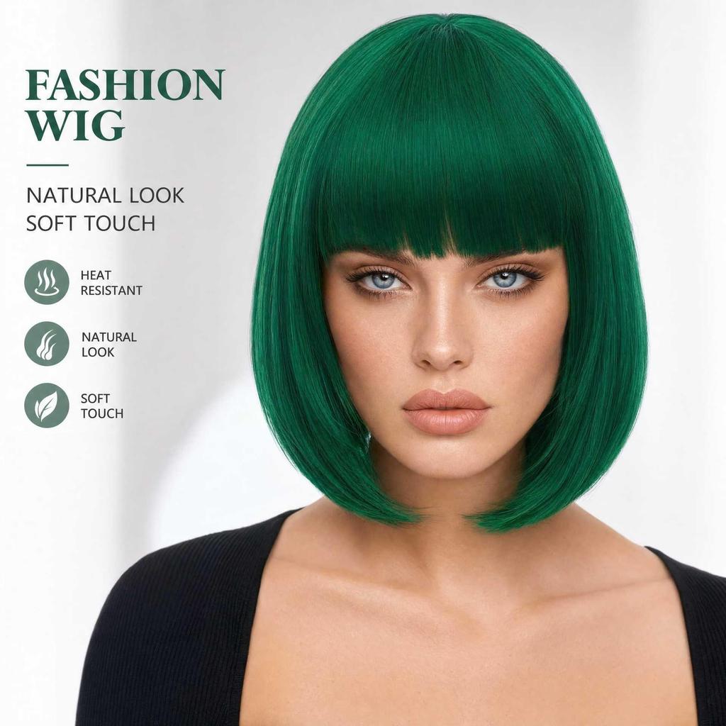 European & American Women's Bob Cut Wigs with Bangs - Short, Colored, Anime-Inspired Headwear for Halloween