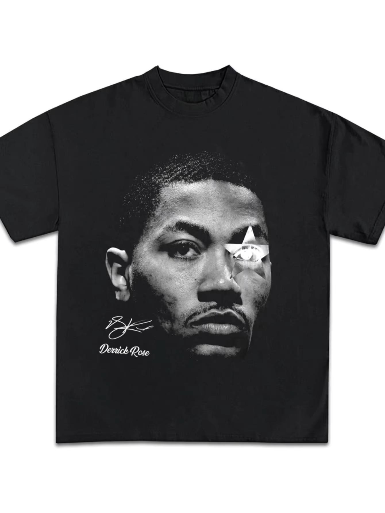 

D Rose Graphic T Shirt Y2K Vintage Basketball Rap Premium Heavyweight Shirt Fashion T-shirt Round Neck Short Sleeve Top S