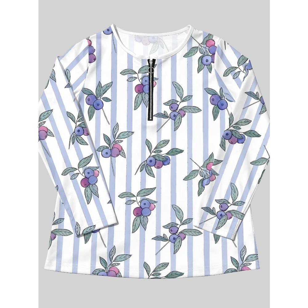 Spring and Autumn Ladies Half Zipper Long Sleeve T-Shirt Blue Purple Berry Stripe Printing, Daily Casual