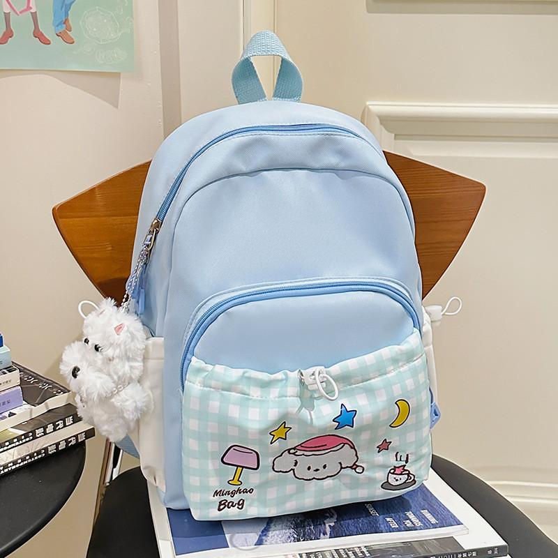 Cute Girls Canvas Backpack With Dog Star Moon Desk Lamp Checkered Pattern For Campus And Travel Use синий