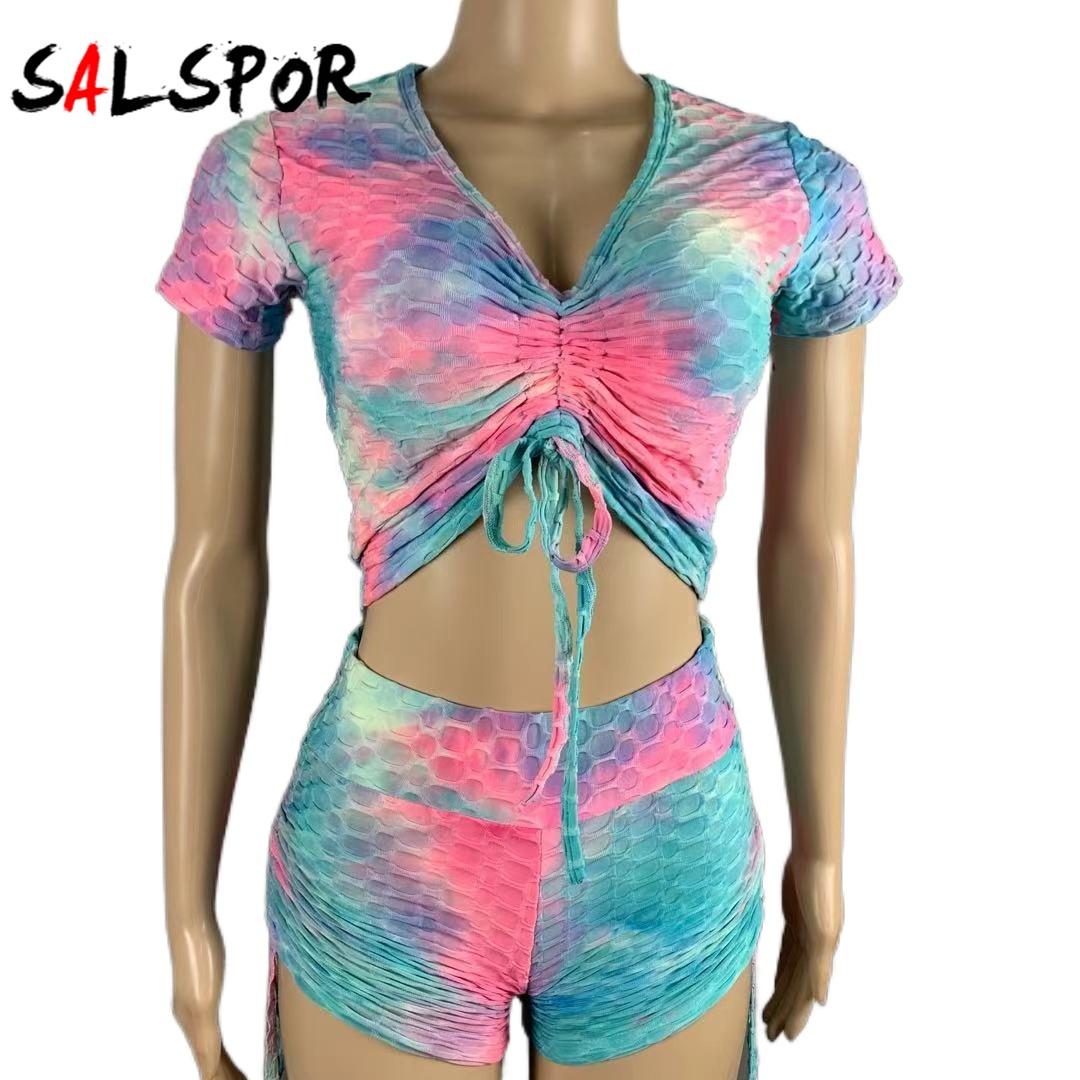 

Женские спортивные шорты на шнуровке с короткими рукавами для йоги и фитнеса с принтом тай-дай, комплект бедер