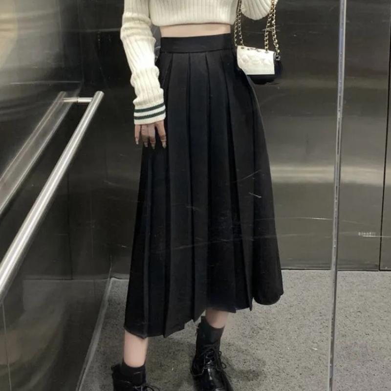 HOUZHOU Dlouhá skládaná sukně Dámské Vintage Korejská Móda Pevný Vysoký pas Midi Sukně do A Školka Elegantní Ležérní Podzim