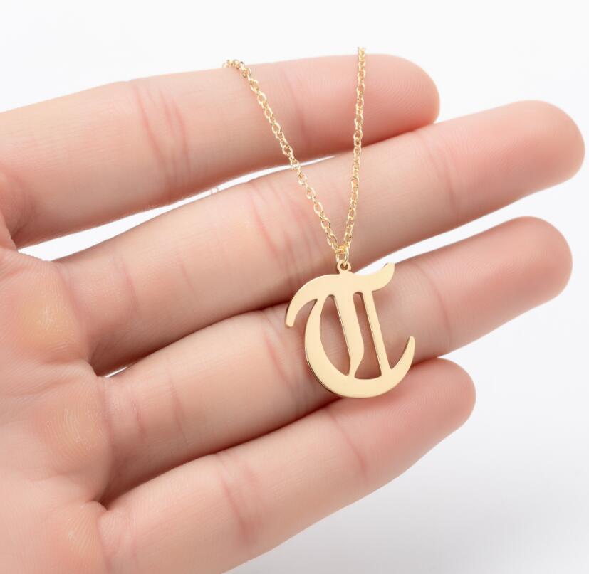 Gothic Old English Initial Necklace Stainless Steel Monogram 26 Letter Alphabet Necklace Jewelry Accessories Collier Femme