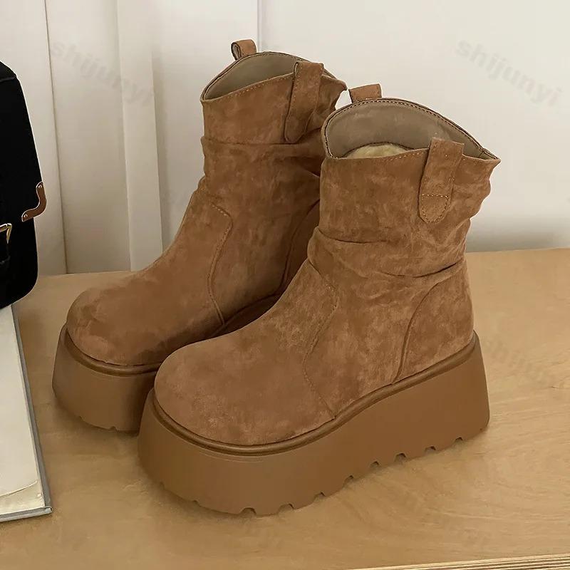 Schneestiefel für Damen Schuhe Plüsch Winter Plateau Schuhe 2025 Neue Pelz Geraffte Stiefeletten Damen Dicke Sohle Mid-Calf Stiefel