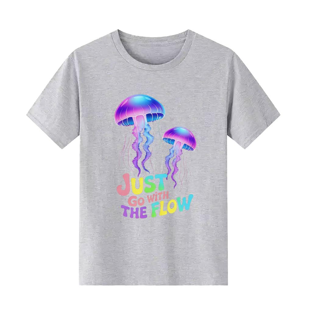 Fashionable and beautiful jellyfish print Womens short sleeved Tshirt summer round neck versatile for daily use